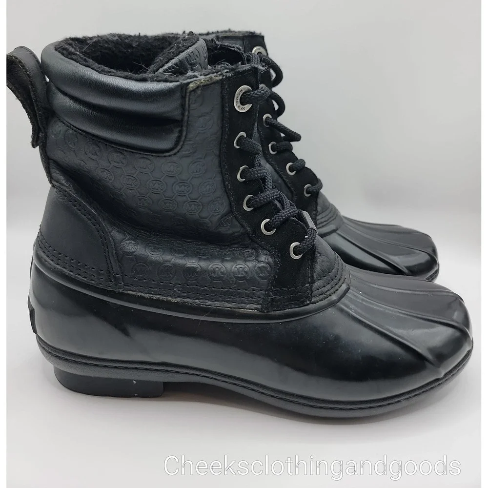 Michael Kors Black Monogram Leather Rubber Duck Boots Ankle Rain Snow Womens 9